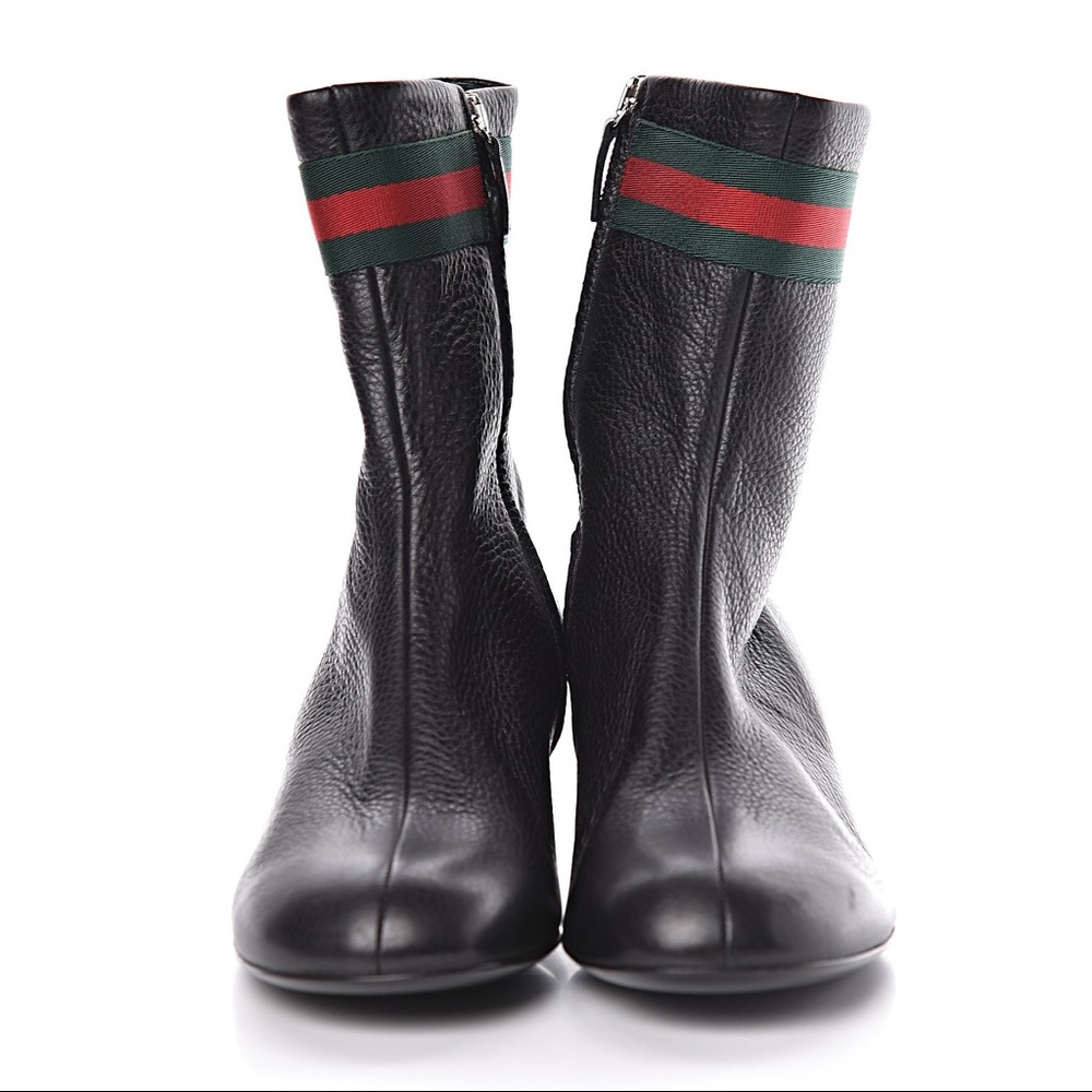 Gucci Black Leather Ankle Boots with Red & Green Web - Picture 4 of 4